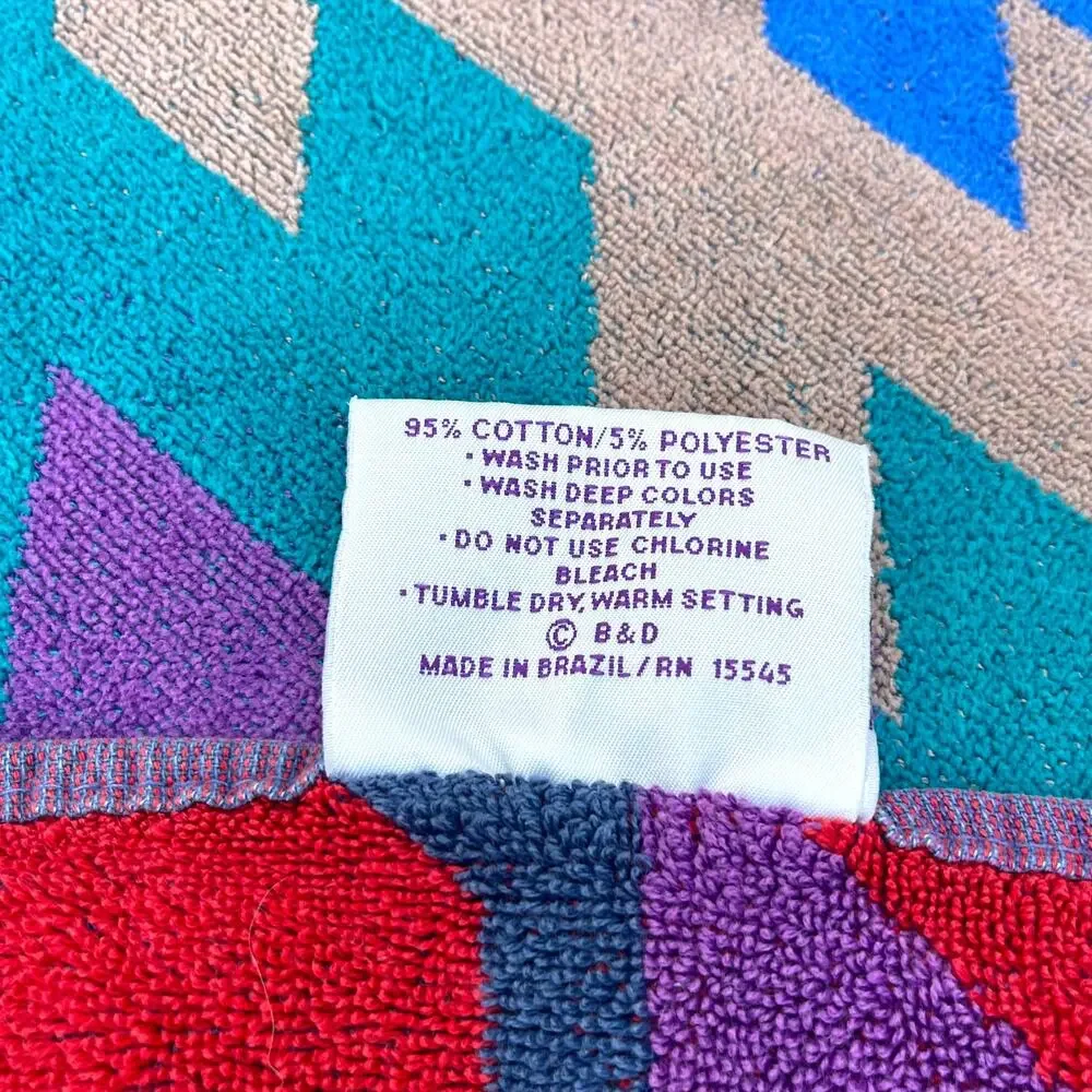 Vintage Royal Terry Beach Towel 80s 90s Geometric Colorblock 38x64 Brazil